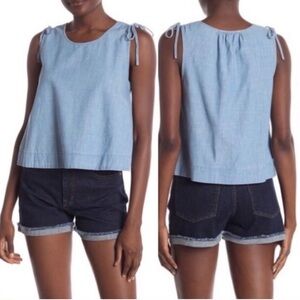 Madewell Womens Size L Crop Swing Chambray Cotton Tank Top Tie Shoulder